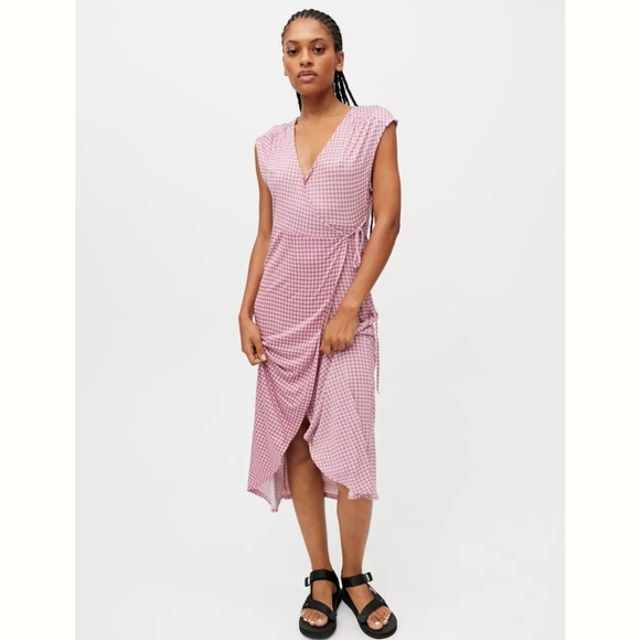 Urban Outfitters Zina Pink Check Sleeveless Wrap Midi Dres - Picture 2 of 15